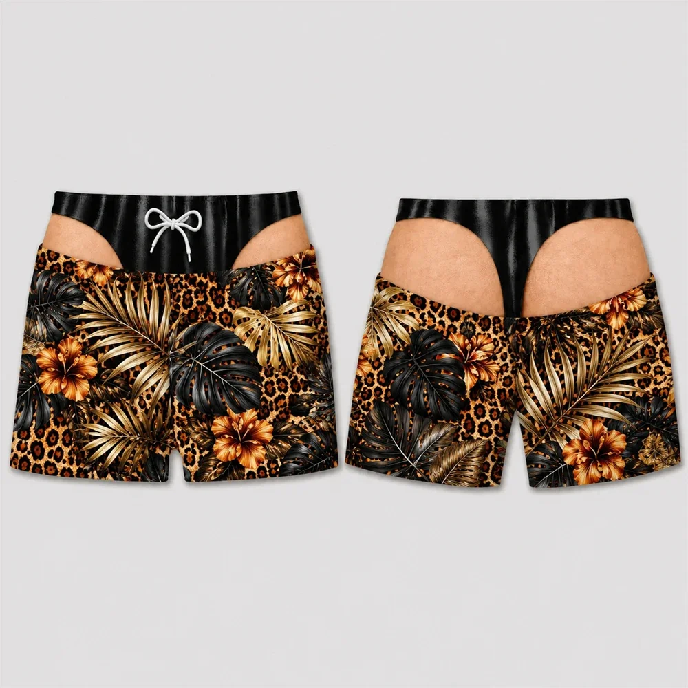 Men Funny Open‑Back Swim Trunks Peacock Tropical Floral Print Built‑in Thong Liner Quick Dry Beach Party Shorts