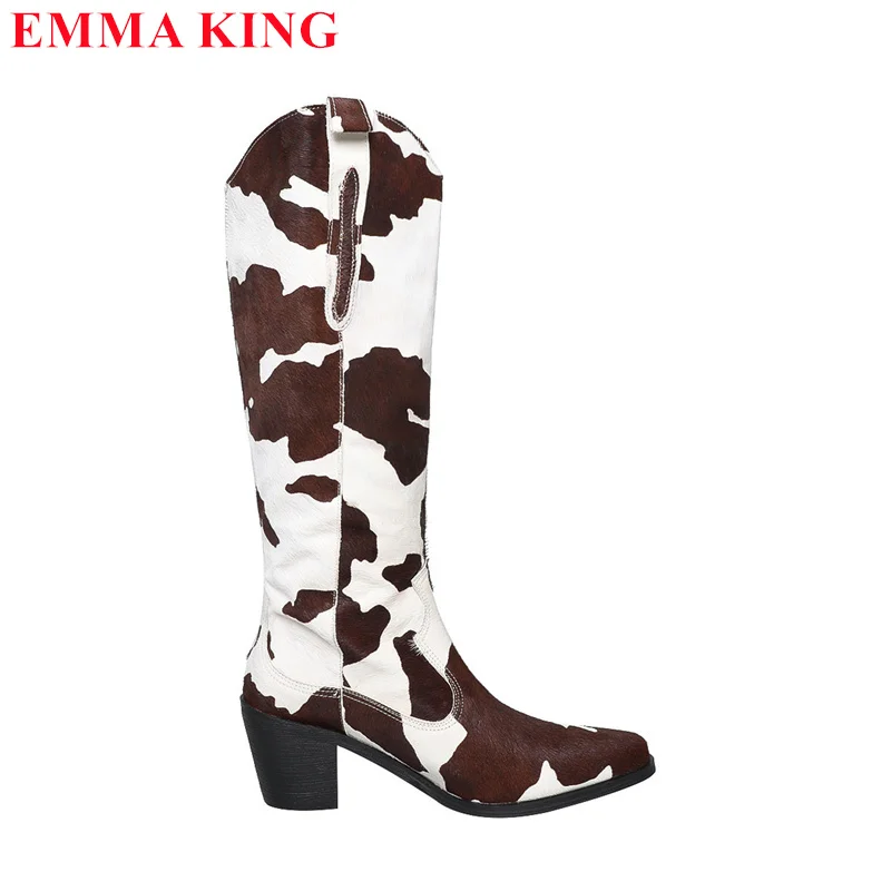 2024 Zebra Pattern Knee High Boots Women Horse Hair Knight Boots Thick Heel Shoes Winter Autumn Pointed Toe Long Womens Boots