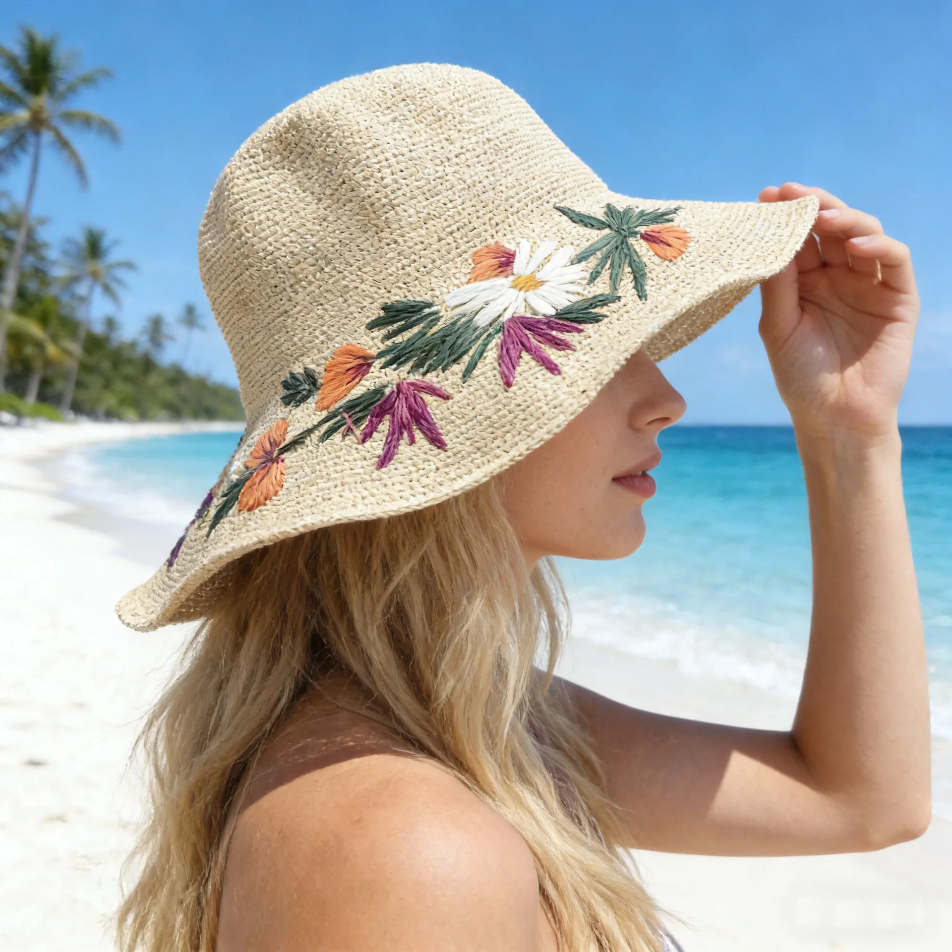 Hand-embroidered Floral Straw Hat for Women Summer Travel Holiday Seaside Beach Caps Sun Protection Big Edge Cap Sombreros