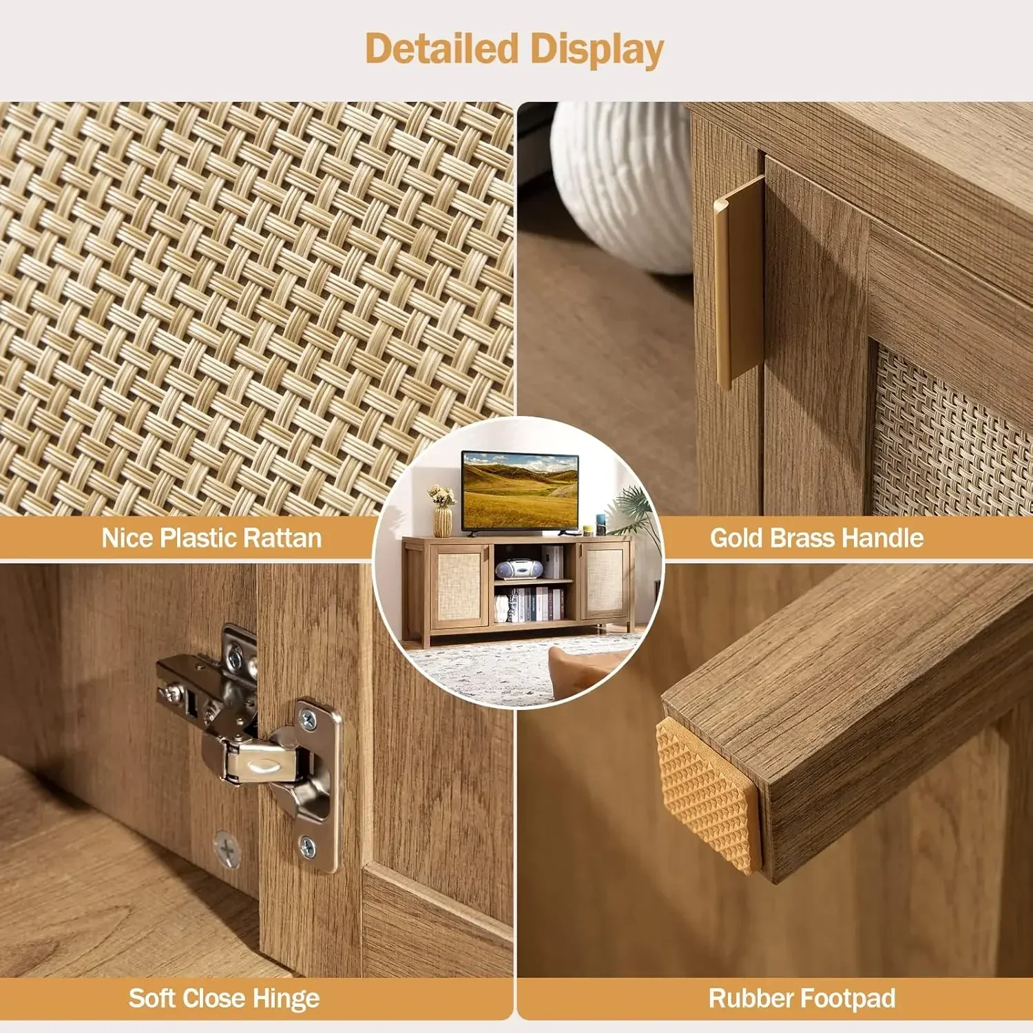 [سعر مخفض! ]حامل تلفزيون رائج البيع لغرفة المعيشة: خزانة وحدة تحكم تلفزيون الروطان مع مساحة تخزين ورف، Boho Entertainment Cente