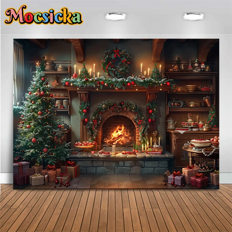 Christmas Tree Home Background For Photography Fireplace Wooden House Birthday Cake Backdrop Party Decoration Props Photo Studio