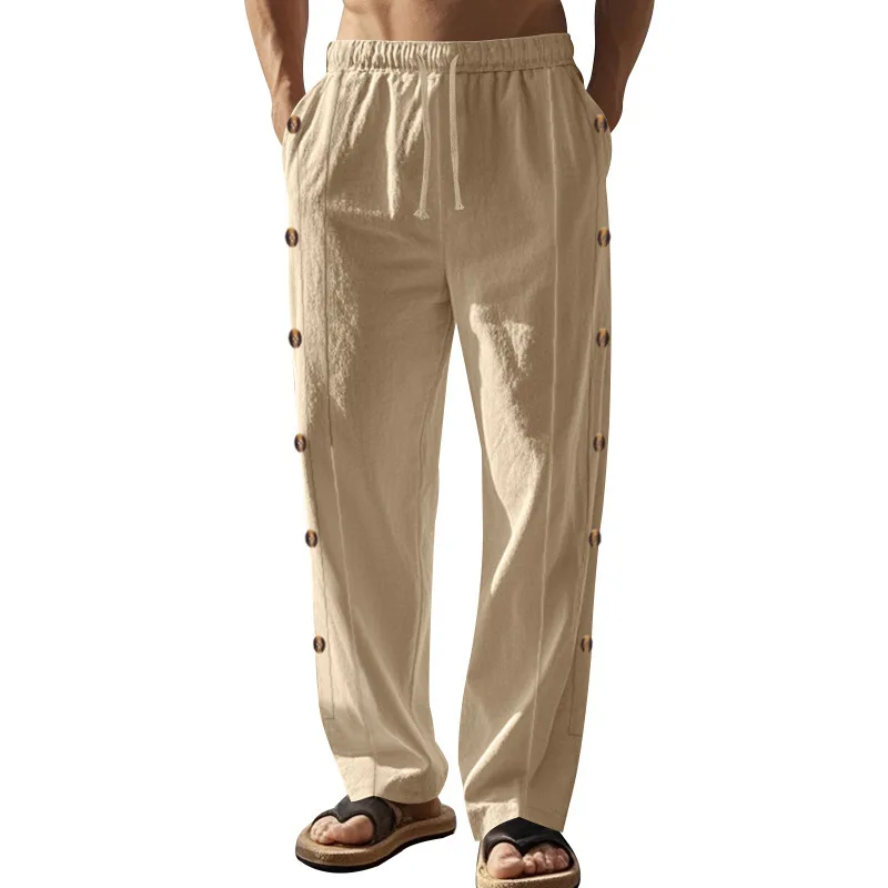

Casual Linen Pants for Men Spring Autumn Dstring Waist Side Bule Color Daily Wear Straight Leg mid Waist Trousers