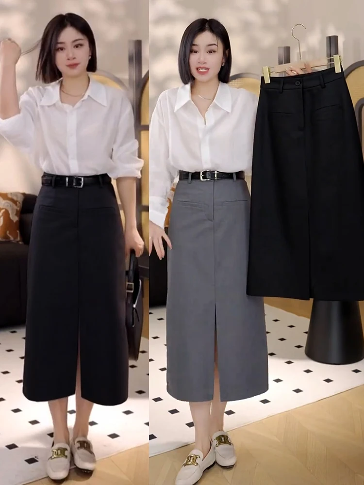 

ay Suit f Skirt High Waist Loose Mid-Length Slit A-Line Wrap Body Straight Skirt Thin New 2025 Commute Simple Polyester ...