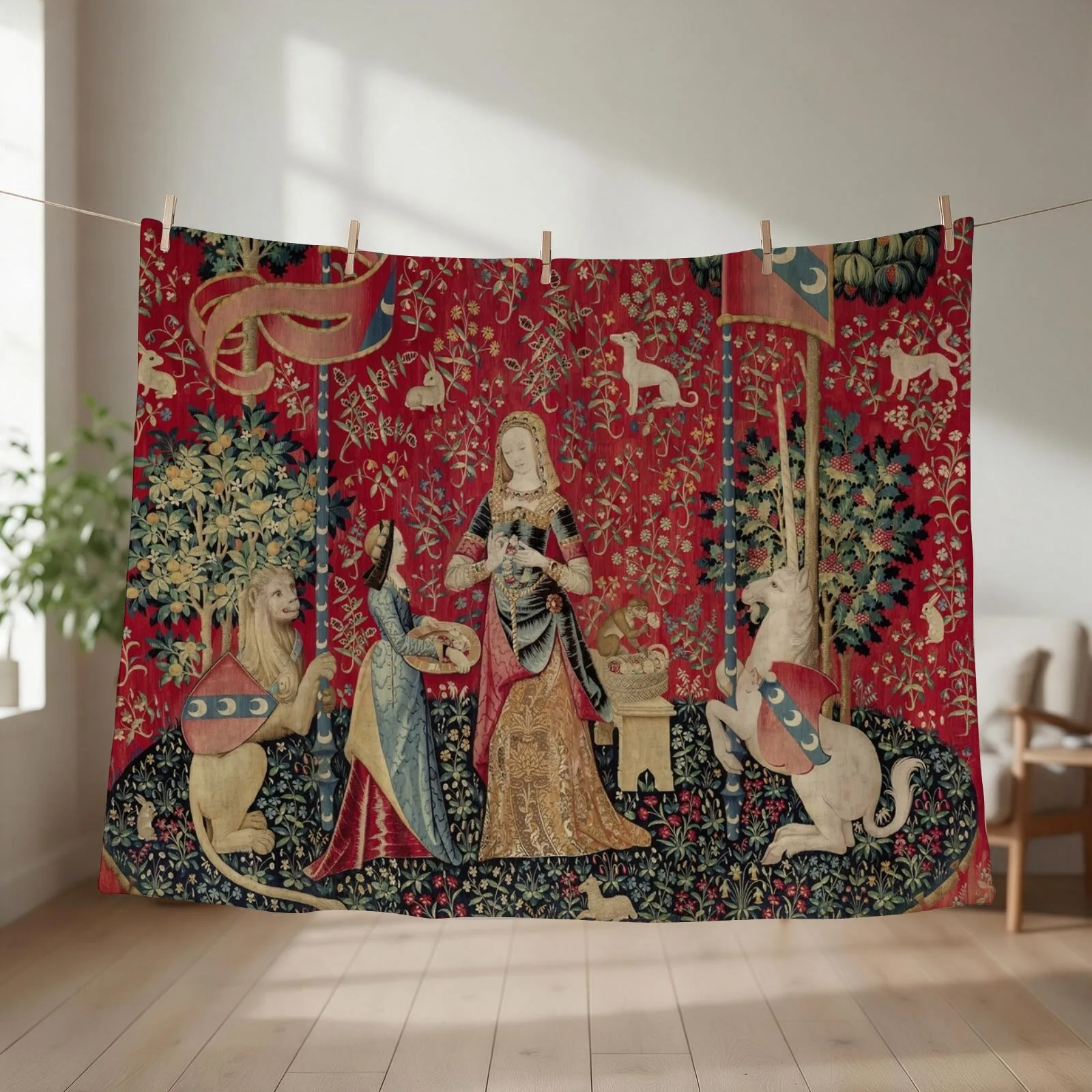 Lady and Unicorn Medieval Tapestry Five Senses - Smell Throw Blanket couch cozy soft plush fuzzy picnic outdoor blanket