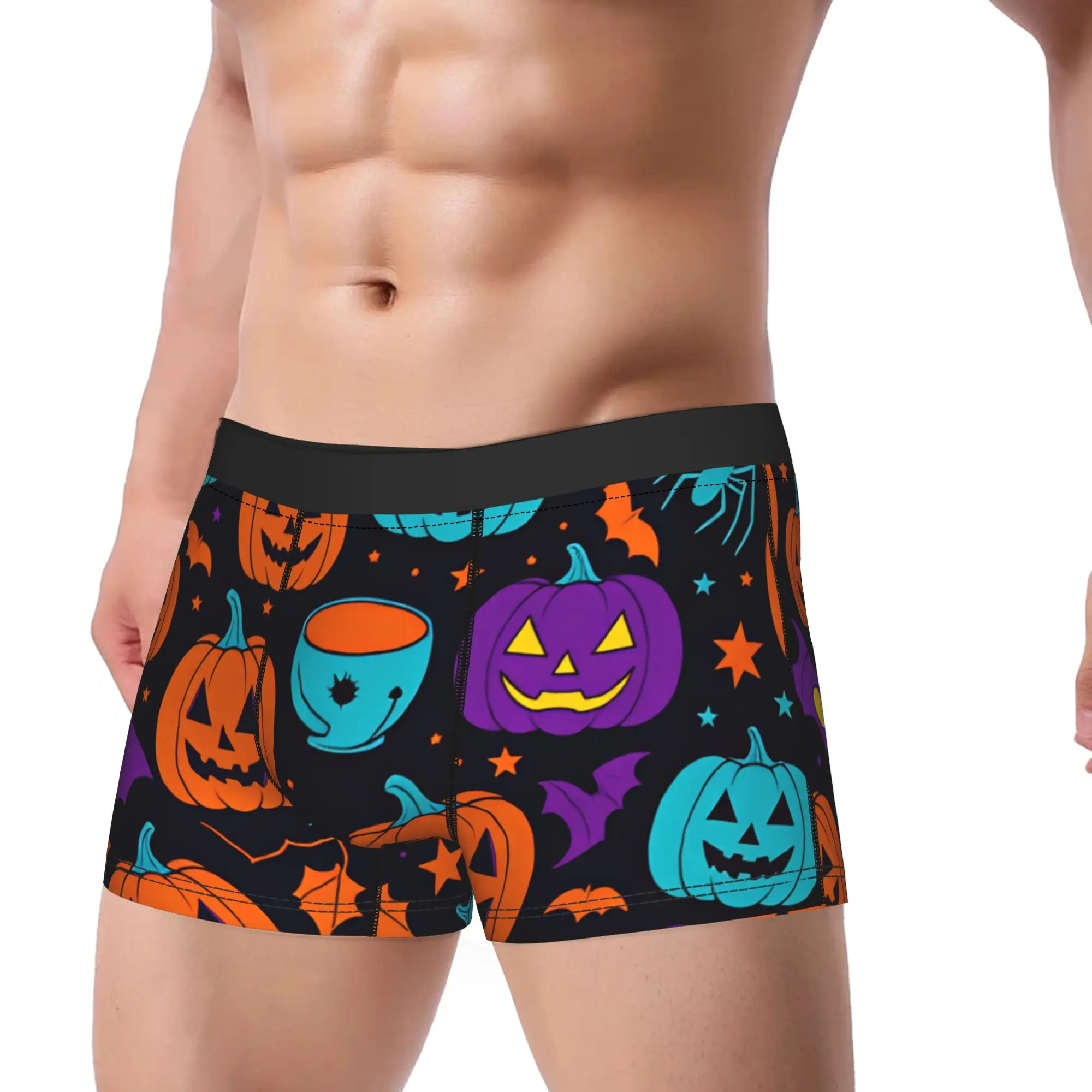 Halloween Colorful Pumpkin Bat Spider Star Seamless Pattern Dark Background Underwear Men Boxer Brief Breathable Trunk Plus Size