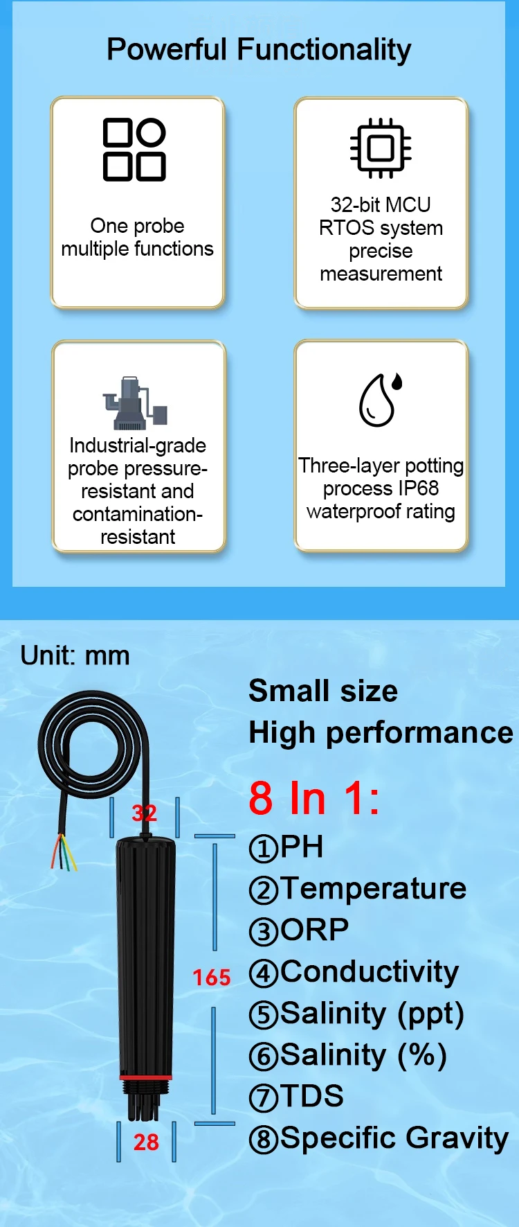 مستشعر جودة المياه 8 في 1 - PH/EC/TDS/Temp/ORP/الملوحة/جهاز اختبار الجاذبية المحددة مع مخرج RS485 #3