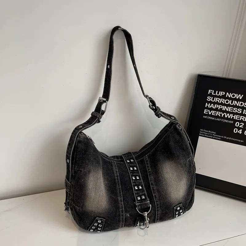 

Fashion Korean Style Shoulder Bag Women Texture Simple Hobo Bags Large Capacity Crossbody Denim Handle Bag with Metal Hardware