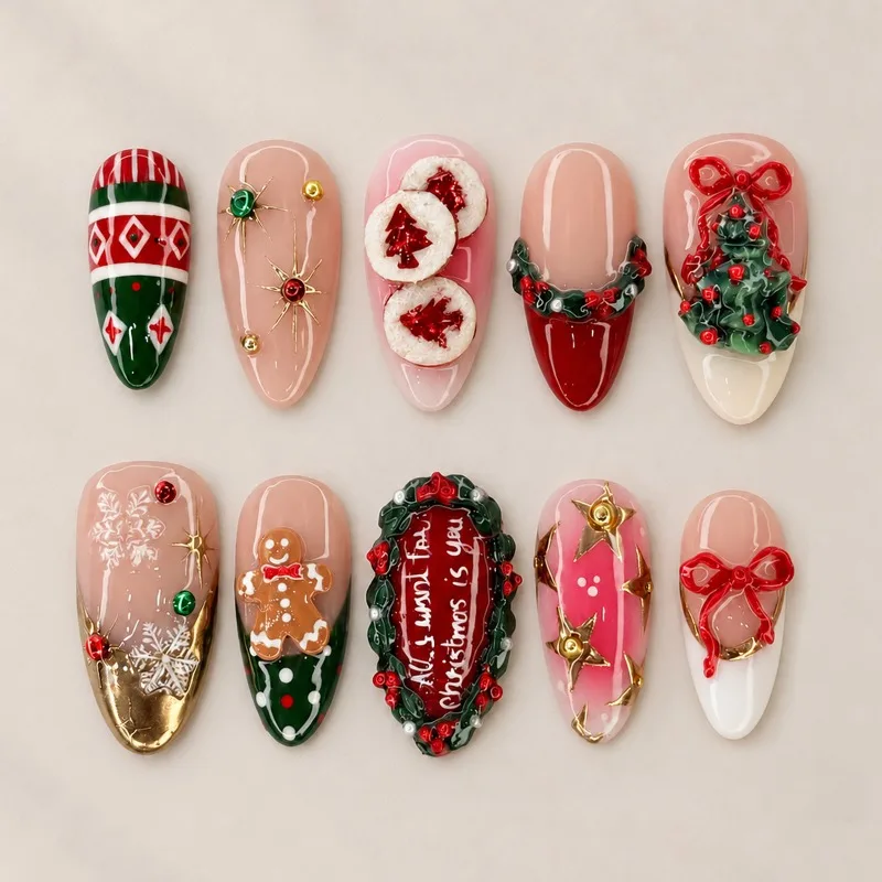 24PCS Christmas Red Almond Press on Nails Sweet 3D Gingerbread Man Xmas Tree Snowflake Design False Nails Wearable Acrylic Nails
