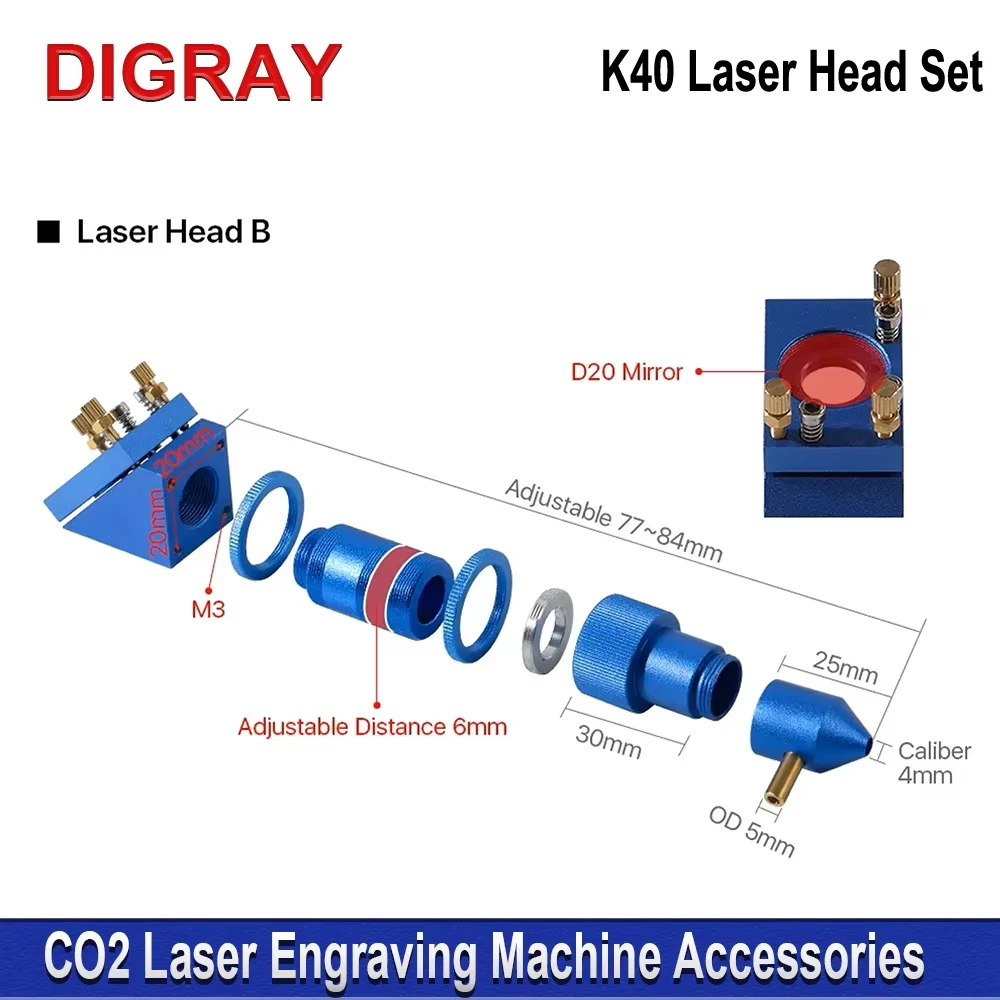 DIGRAY K40 Series Co2 Laser Head Set Lens Dia12 / 20mm Mirror 20mm For 2030 4060 Mini Desk Laser Engraving Cutting Machine