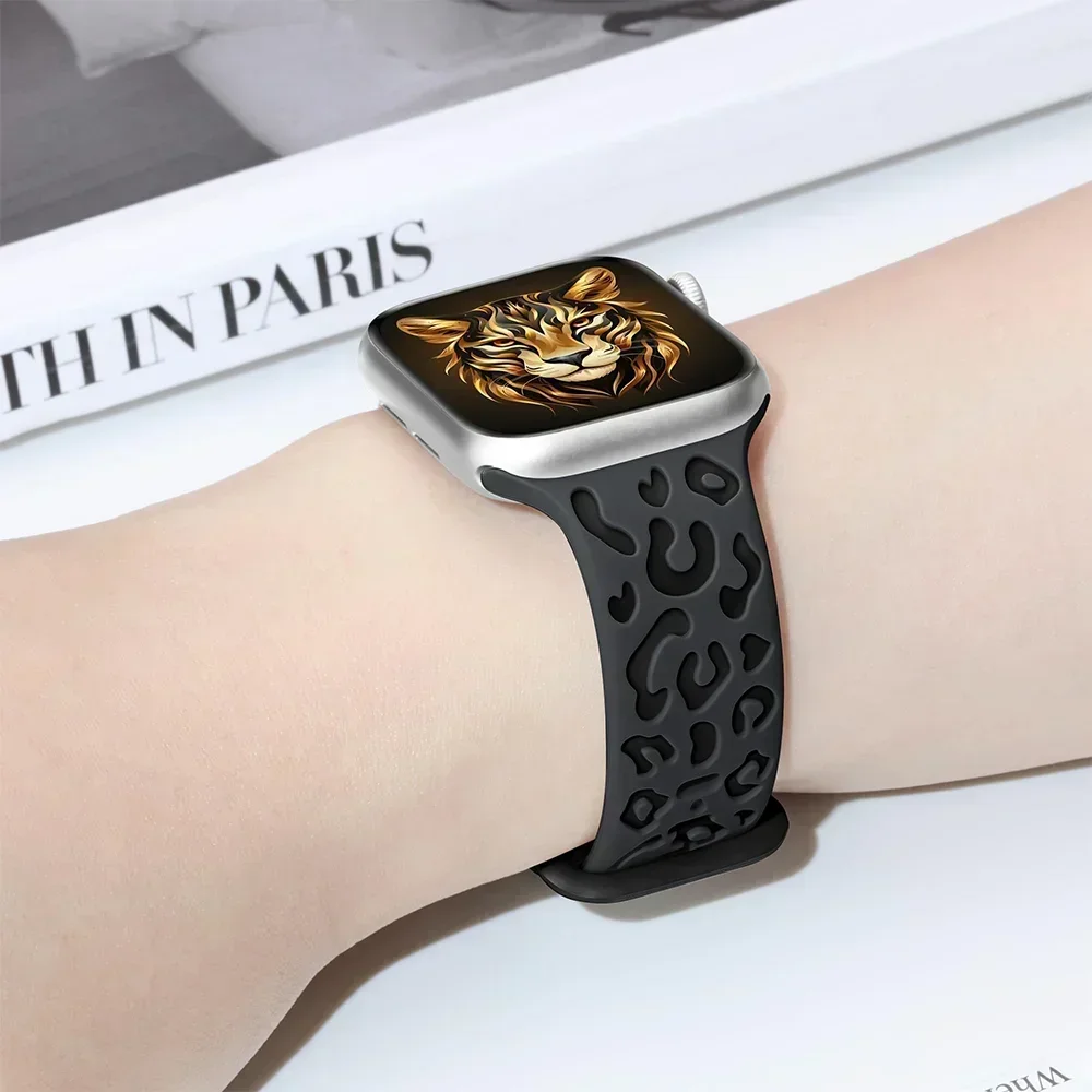 Engraved Leopard Straps For Apple Watch Band ultra 2 49mm 45mm 44mm 42 41 40mm Silicone bracelet for Series 10 9 8 7 se 3 6 5 4