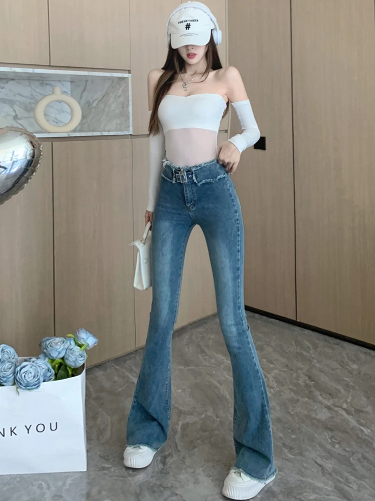 레트로 프린지 마이크로 플레어 진 여성용 가을 하이웨이스트 디자인 감각적인 탄력 있는 타이트 핏 바닥까지 닿는 힙 허깅 팬츠