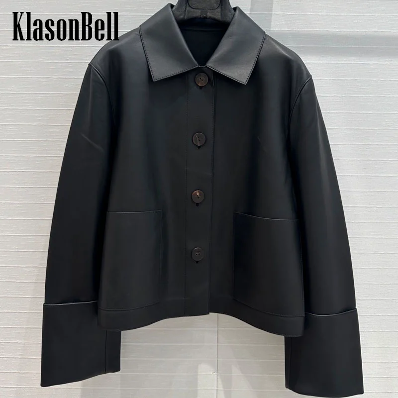 

7.13 KlasonBell High Quality 100% Sheepskin Lapel Jacket For Women Fashion Long Sleeve Spliced Genuine Leather Short Coat