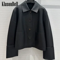 7.13 KlasonBell High Quality 100% Sheepskin Lapel Jacket For Women Fashion Long Sleeve Spliced Genuine Leather Short Coat