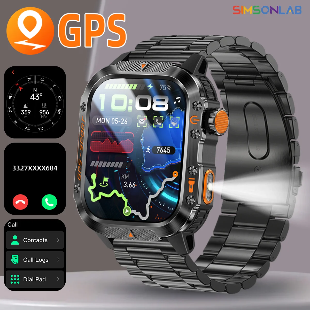 

New Smart Watch Built-in Dual-frequency GPS Wireless Call 3ATM Waterproof LED Flashlight Compass Men's Outdoor Sport Smartwatch