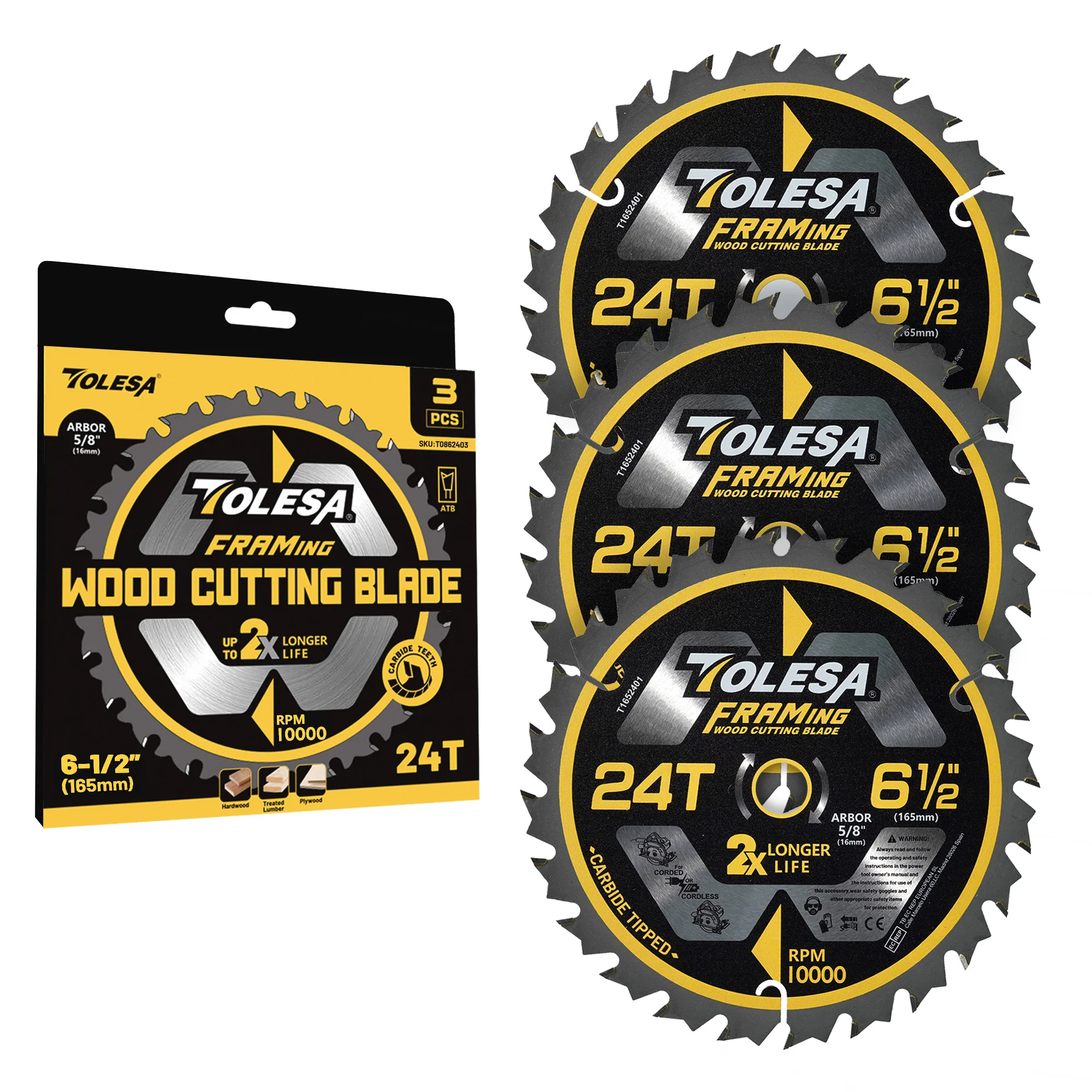 

TOLESA 3PCS 165mm Circular Saw Blade with 5/8" Arbor 24T Wood Cutting Framing Saw Blade Super Thin Kerf for Cutting Wood Plywood