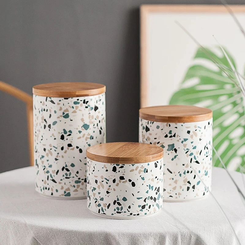 Household Storage Supplies Terrazzo Pattern Sealed Jar Ceramic Candy Jar Storage Tool Accessories Living Room Tea Container