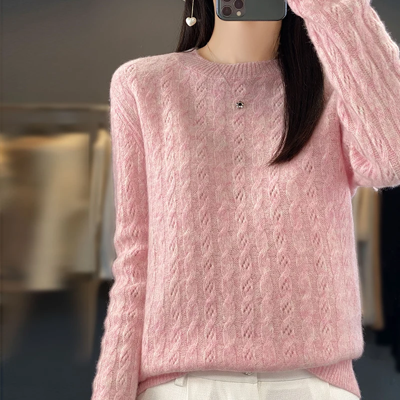 Women\'s Sweater Autumn/Winter 100% Pure Wool Hoodie Casual Knitted Blouse Round Neck Loose Tops Fashion Hollow Bottom Sweater