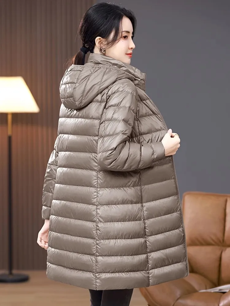 Ultra Lightweight Packable Women X-long 2024 New Arrivlas Middle Aged Mother Casual Hooded White Duck Down Female Coats