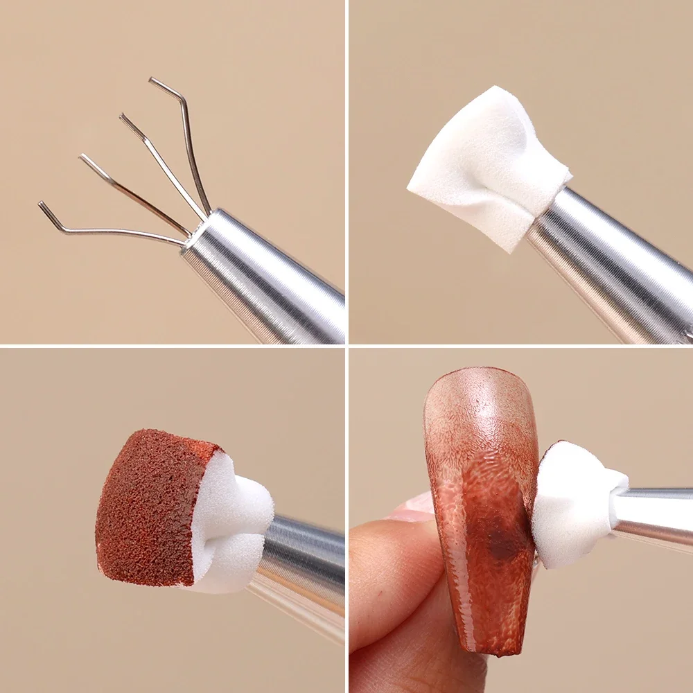 Mini Square Nail Art Sponge 4 Claws Metal Grabber Pen Nail Sponge Manicure Tools Gradient Brush Glitter Powder Dotting Pen