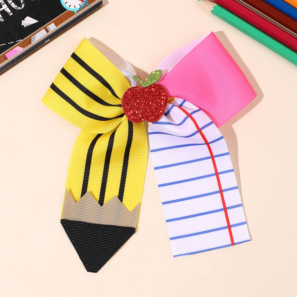 Barrettes et pinces à cheveux pour la rentrée scolaire, avec motifs crayon, pomme et nœuds mignons en ruban gros-grain, pour filles, professeurs, étudiants et enfants