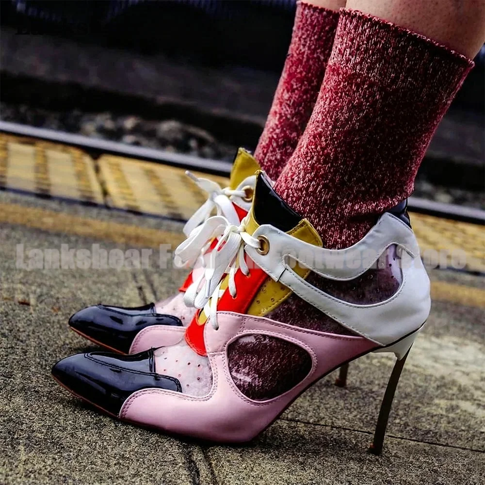 Golden Blade Heel Multi-Color Pumps Women Shoes Summer Pointed Toe Pvc Patchwork Ankle Boots Newest Sandalias De Mujer Verano