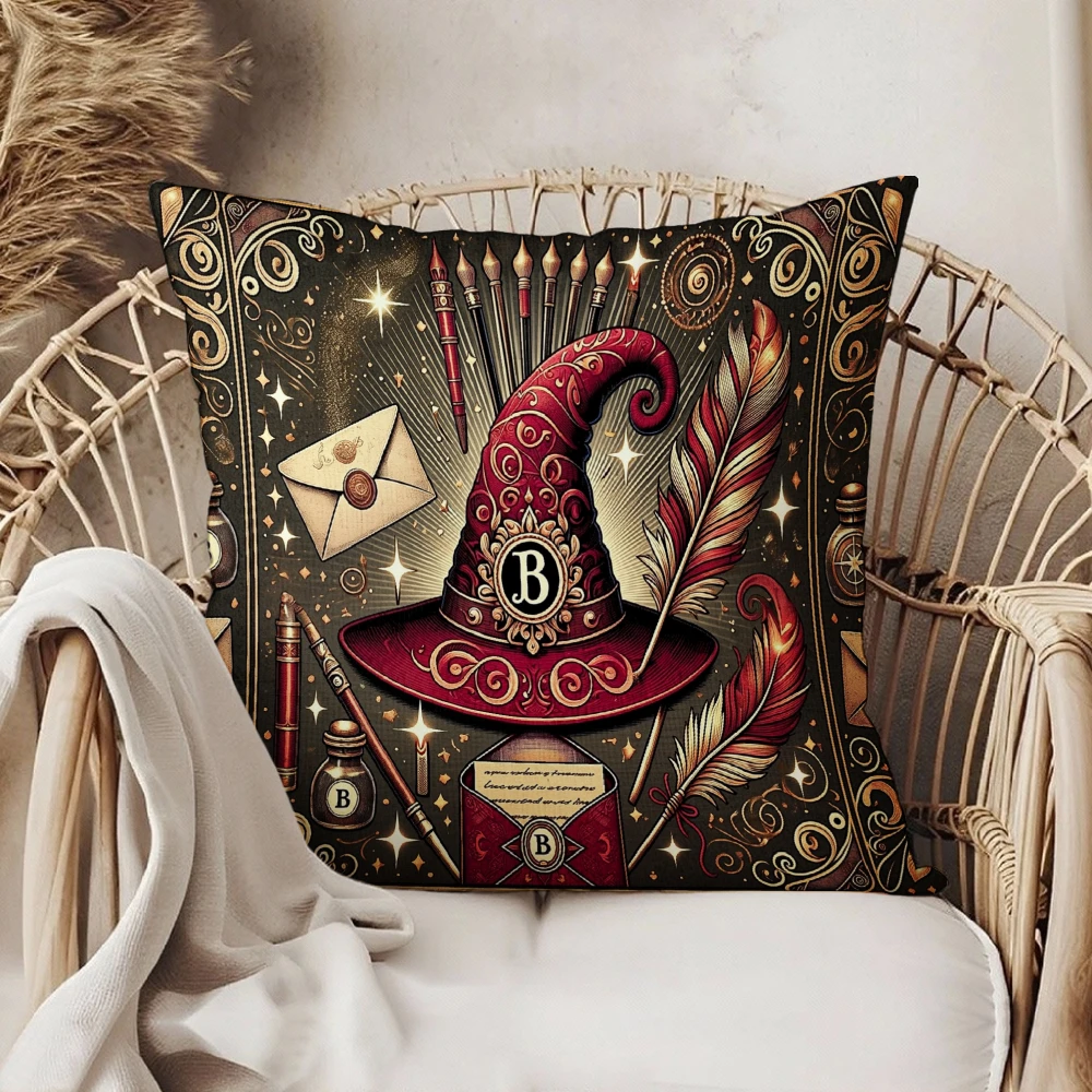 Square Throw Pillow Case Black Gold Vintage Magic Wizard Hat Feather Quill Pen Envelope Print Decorative Cushion Cover For Livin