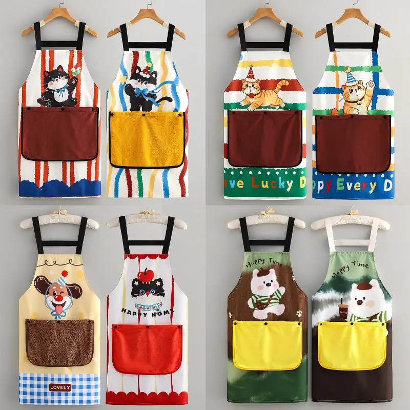 Cute Cartoon Cat Dog Apron With Large Wipe Hand Pocket Waterproof Sleeveless Bib Apron For Kitchen Cooking Household Cleaning