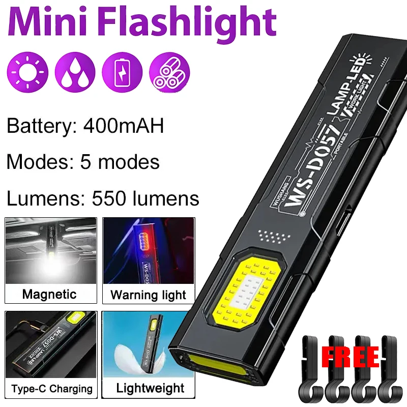 Portable EDC COB LED Flashlight with Magnetic Rechargeable Work Light with Hat Clip for Outdoor Camping Hiking Repair Vehicles