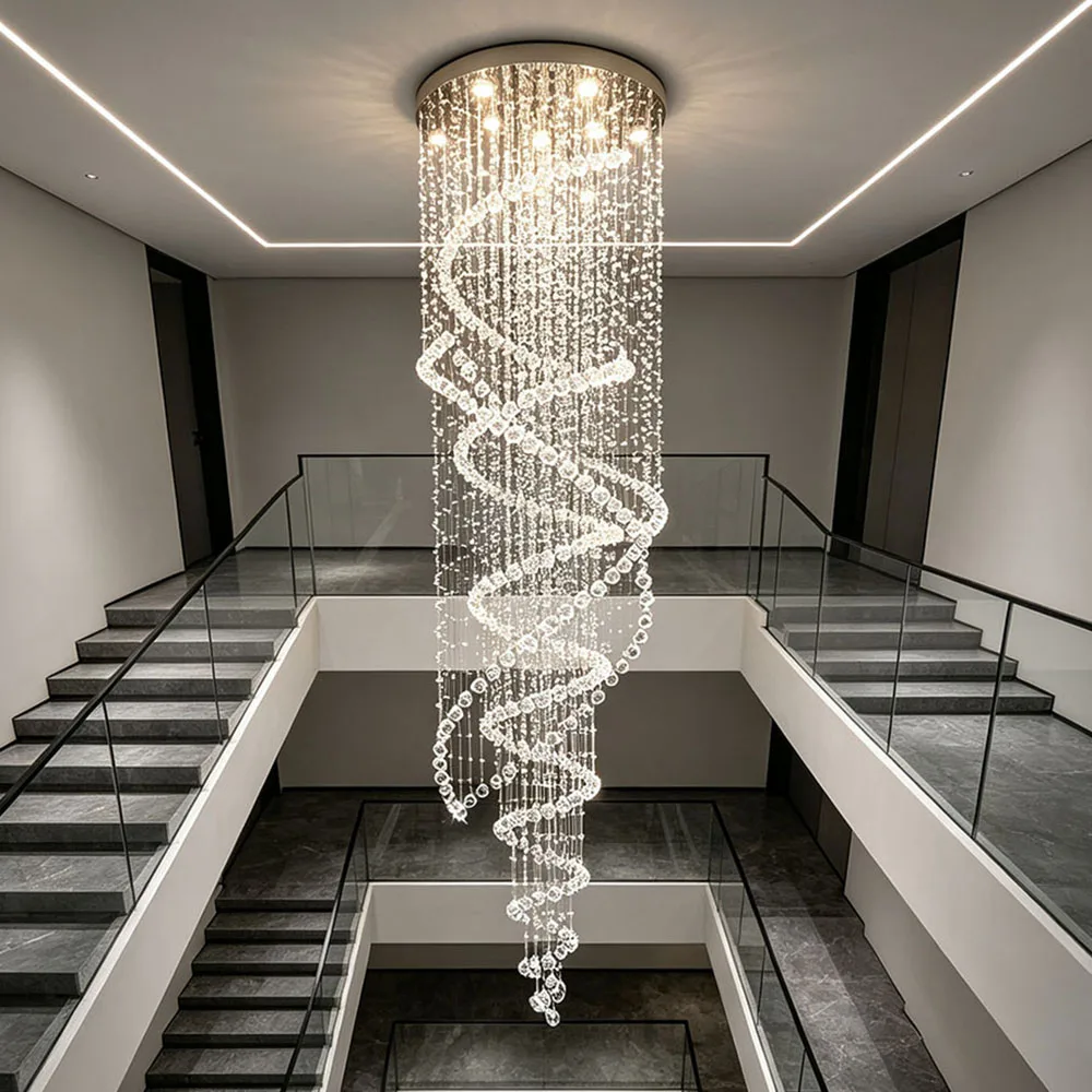 Modern Spiral Crystal Chandelier Long Waterfall Pendant Light Villa Duplex Staircase LED Ceiling Lamp For Foyer Lobby Home Decor