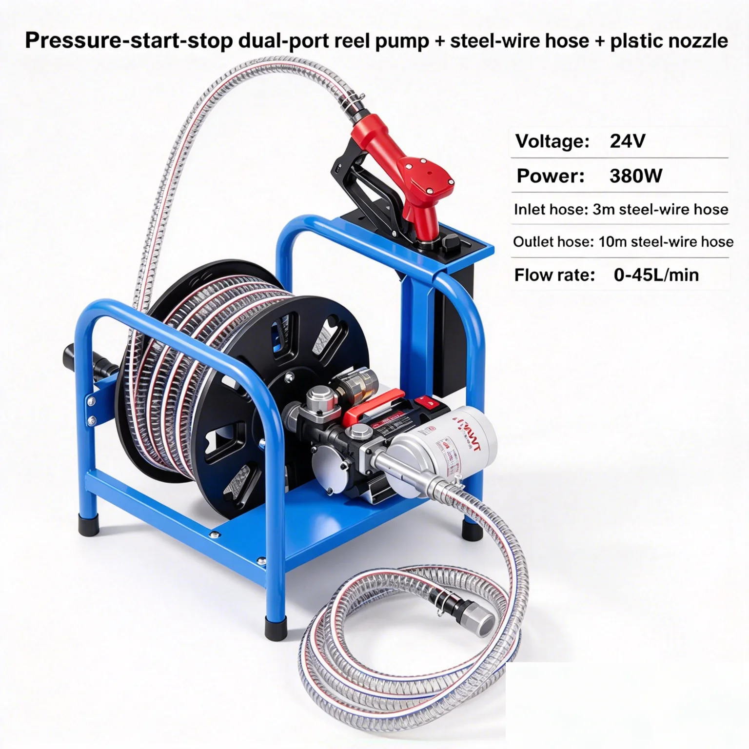 CAVITT 12V 24V 220V 380W Diesel Transfer Pump Auto Start Stop 10m Steel Wire Hose Reel Plastic Nozzle Truck Refueling