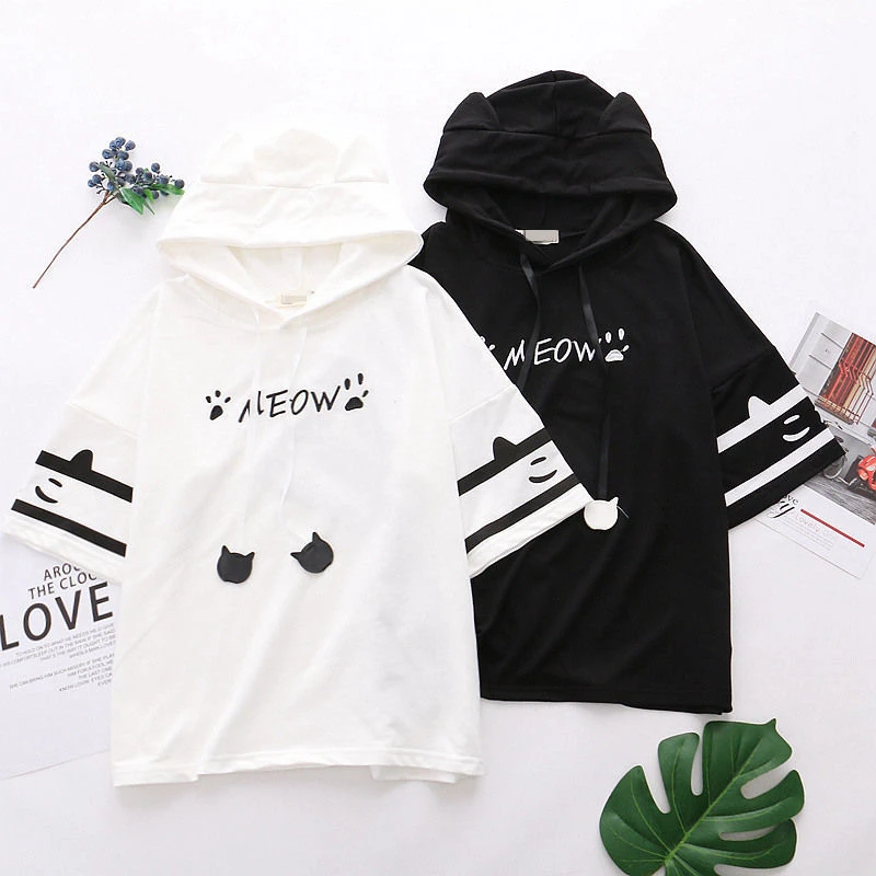 Summer Short Sleeved Cartoon Cat Claw Embroidery Casual Bottom T-Shirt Hooded Hoodie Pullover Women's Top Academy Style