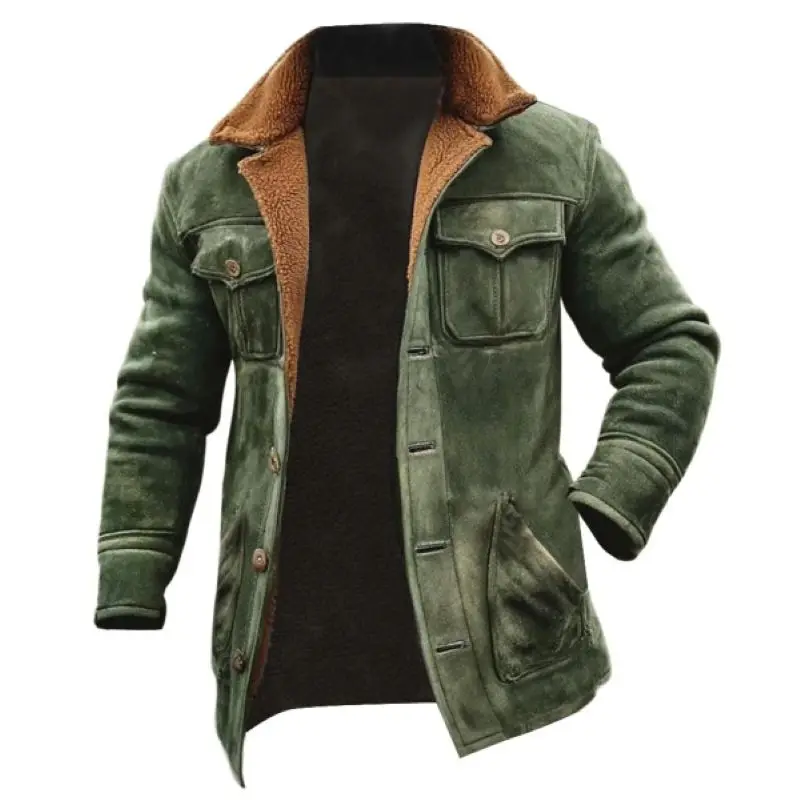 

Mens Vintage Army Green Suede Jacket Fleece Lined Multi Pocket Lapel Shearling Collar Military Tactical Workwear Winter Warm Co