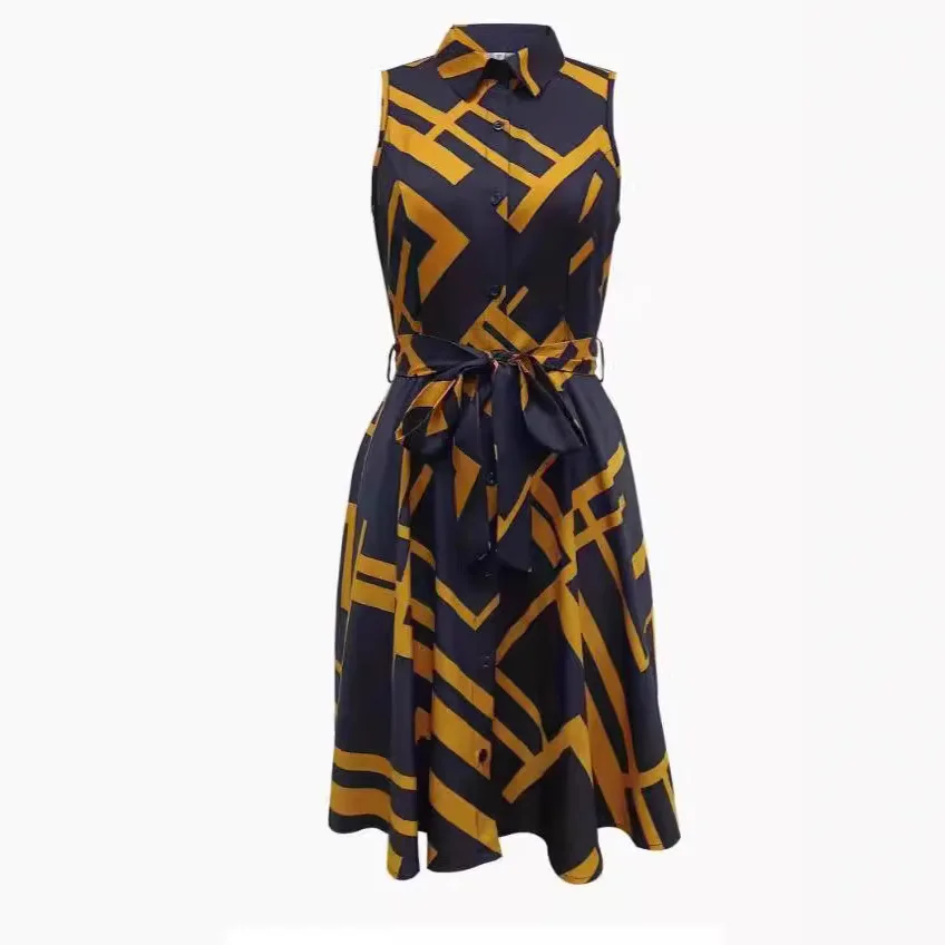 New Women's Printed Sleeveless Lace-Up Dress Shirt Skirt