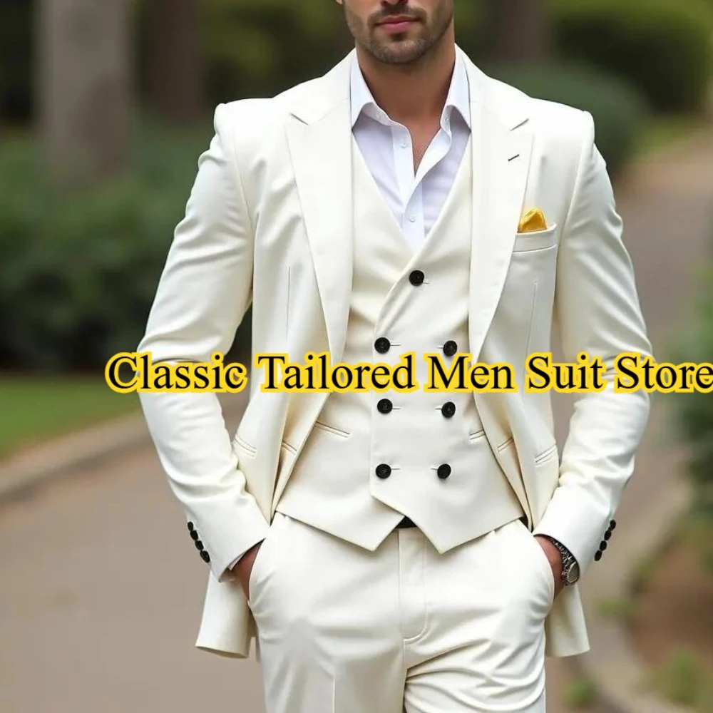

Ivory Business Male Suit Groom Groomsman Wedding Party Prom Formal Occasion Men Tuxedos 3 Piece Set Blazer Vest Pants