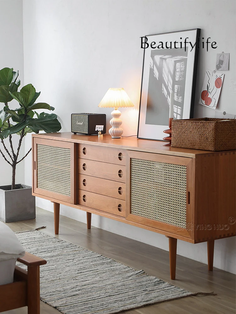 Japanese-Style Cherrywood TV Cabinet White Oak Simple Storage Living Room Bedroom Solid Wood Rattan Hallway Floor Cabinet