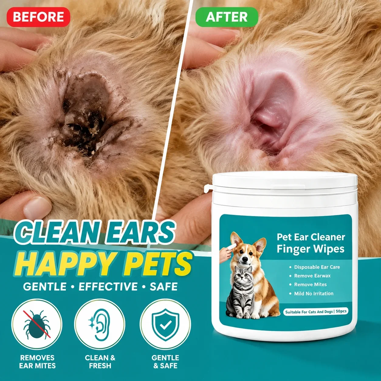 Dual-Texture Pet Ear Cleaning Mitts – Deep-Cleaning Finger Cots for Heavy Wax Build-Up in Dogs & Cats, with Chamomile Scent