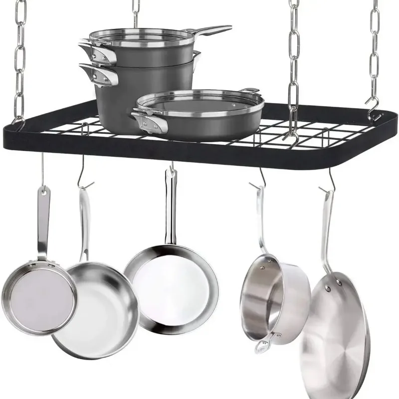 Hanging Kitchen Pot Pan Rack Holder Cookware Storage Shelf Hanger with Hooks Kitchen Storage Rack Tableware Organizer 22lbs 10KG