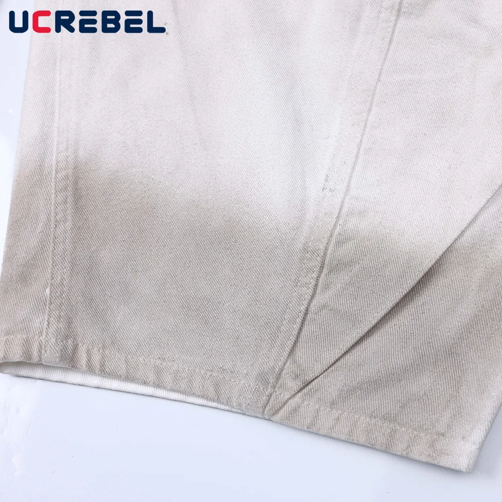 ล้าง Distressed Gradient ย้อมกางเกงยีนส์ Mens Spliced High Street หลวมขากว้าง Denim Scimitar กางเกงผู้ชาย