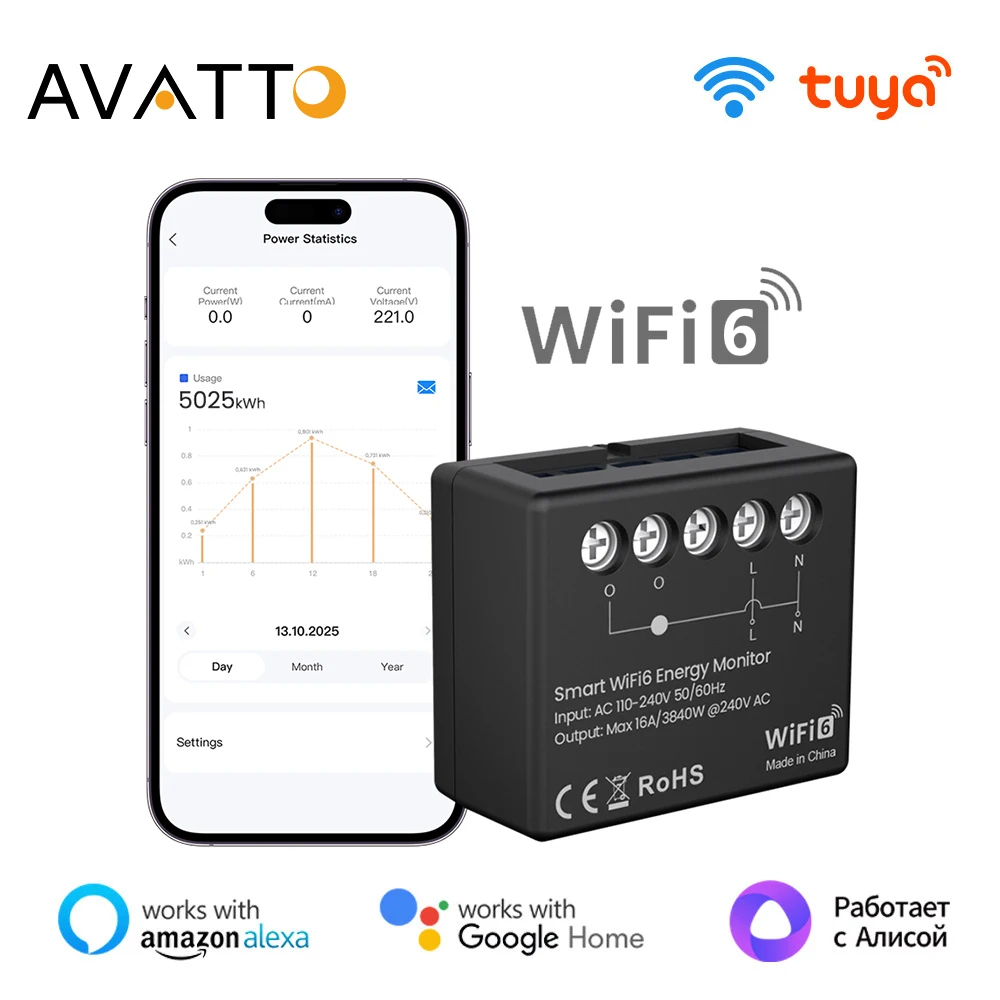 

AVATTO Tuya WiFi 6 Mini Smart Energy Meter Module With Power Monitoring Metering APP Remote Control For Alexa Google Home Alice