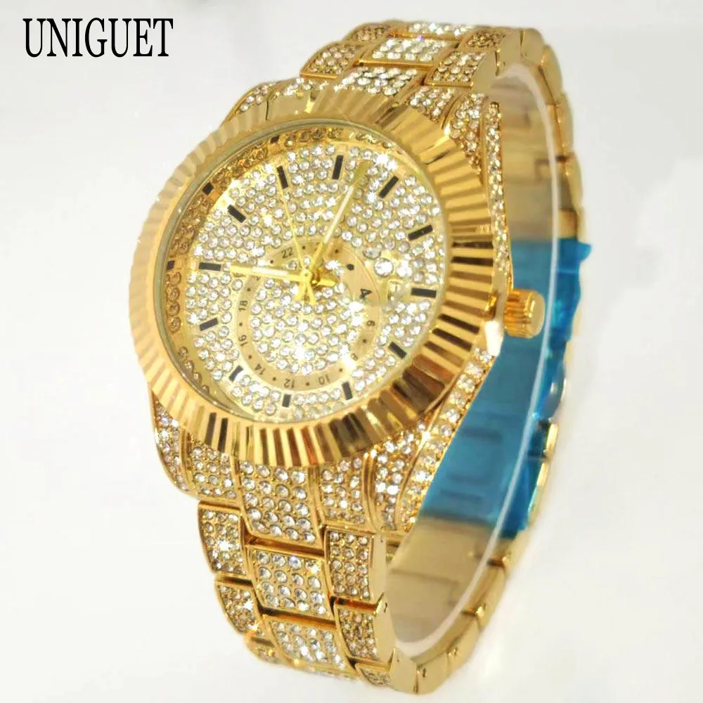 Montres de luxe en or pour hommes, marque UNIGUET Hip Hop, bijoux entièrement en diamant scintillant, mode masculine, montre-bracelet à Quartz étanche Reloj