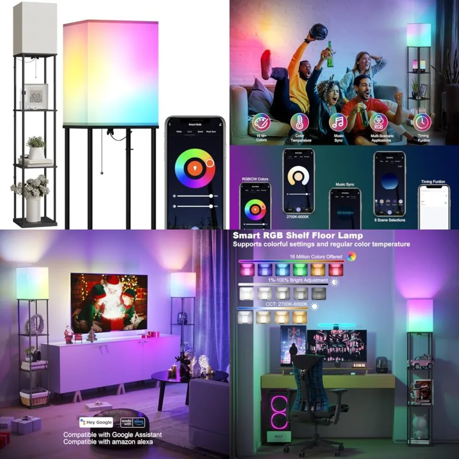 

Floor Lamp with Shelves, Smart APP Control Standing Lamps with RGB Bulb, 4-Tier Dimmable Floor Lamps for Living Room, Tall Lamp