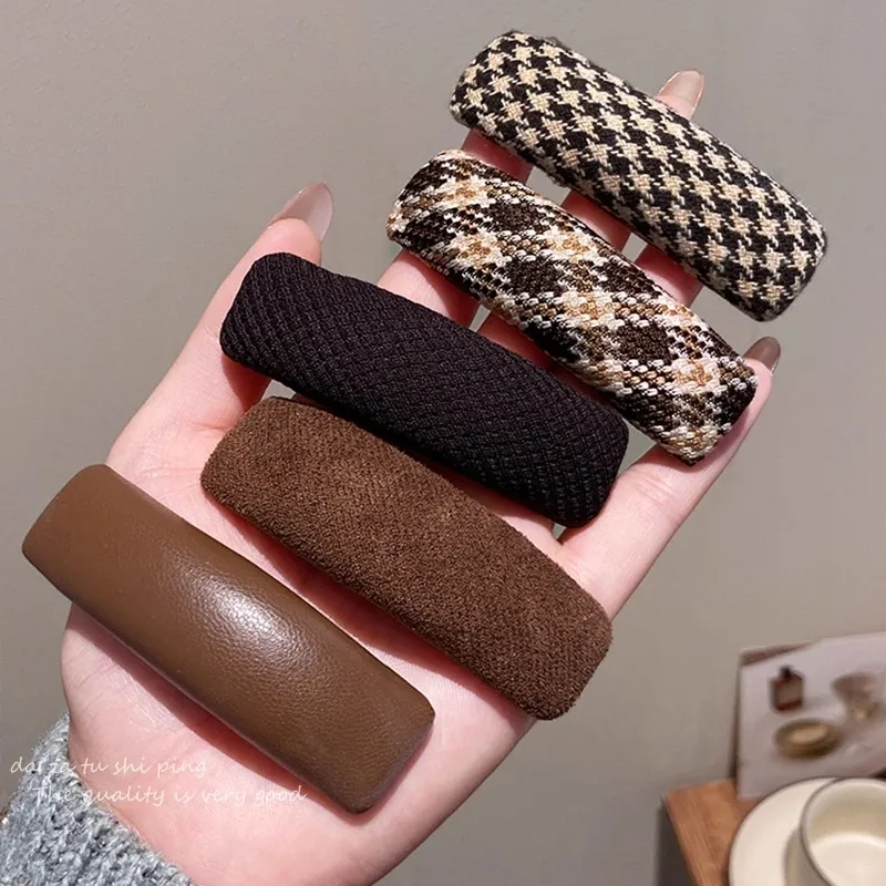 5pcs/set Vintage Brown Plaid Rectangle Hairpins For Women Girls Sweet Hair Ornament Barrettes Hair Clip Fashion Hair Accessories