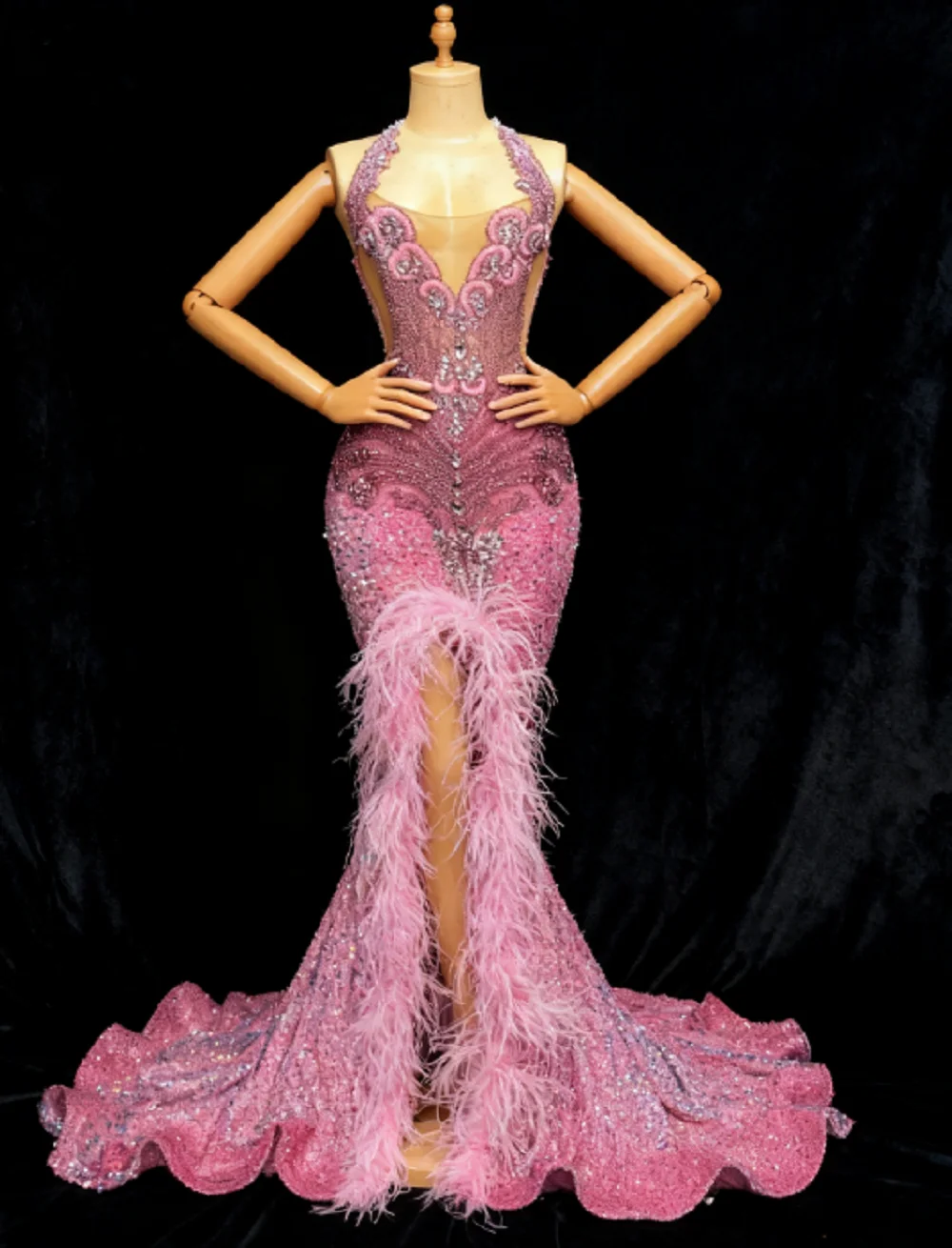 

Розовые длинные платья русалки для выпускного вечера 2025 для чернокожих девушек, роскошное вечернее платье с бриллиантами и блестками, перьями, вечернее платье по индивидуальному заказу