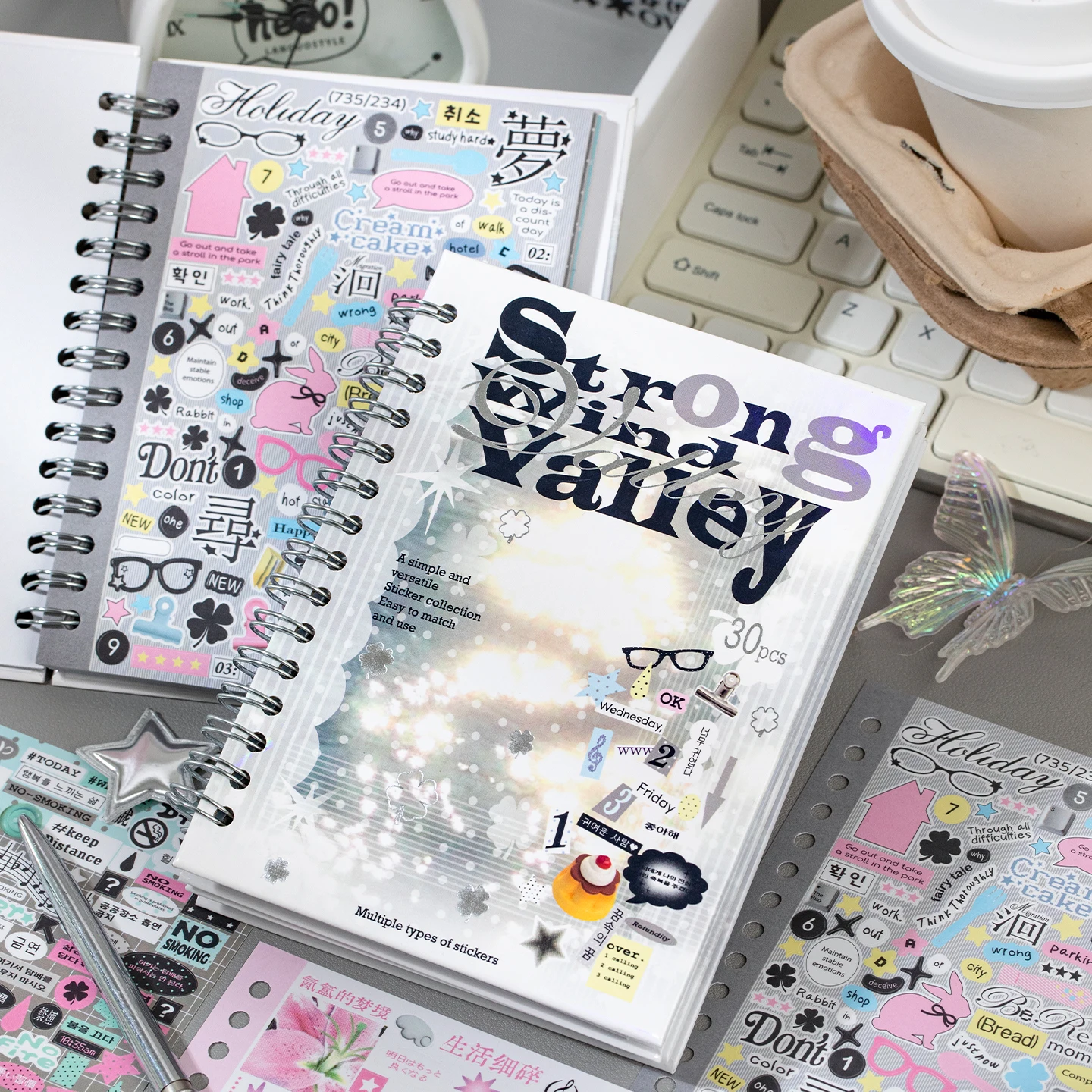 30Pcs Y2K Korean Text Coated Paper Stickers, Holographic Letter Number Cartoon Decals for Junk Journal Layer‑Collage