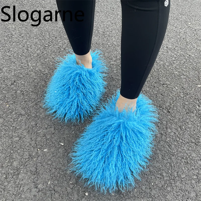 Women Autumn Winter Furry Fur Slippers Fluffy Faux Mongolian Fur Slides Warm Plush Slippers Fuzzy Flip Flops Luxury Woman Shoes
