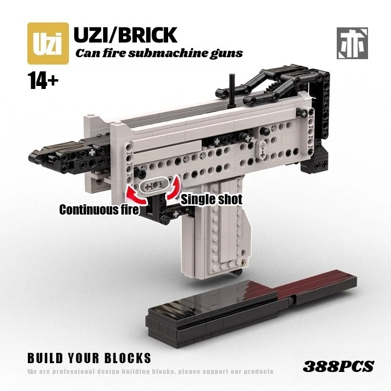 

388 шт., креативные строительные блоки Uzi с огнестрельным оружием, технический пистолет-пулемет, способный для стрельбы, сборные кирпичи, игрушка в подарок для детей