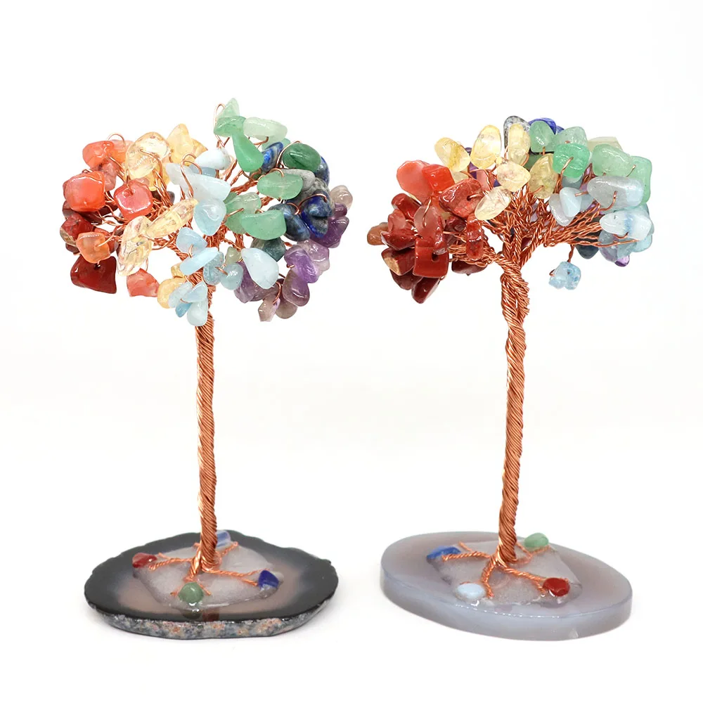 الطبيعية 7 شقرا كريستال شجرة المال الأسلاك النحاسية ملفوفة العقيق شريحة قاعدة أحجار استشفاء اليوغا فنغ شوي أشجار الحياة ديكور المنزل