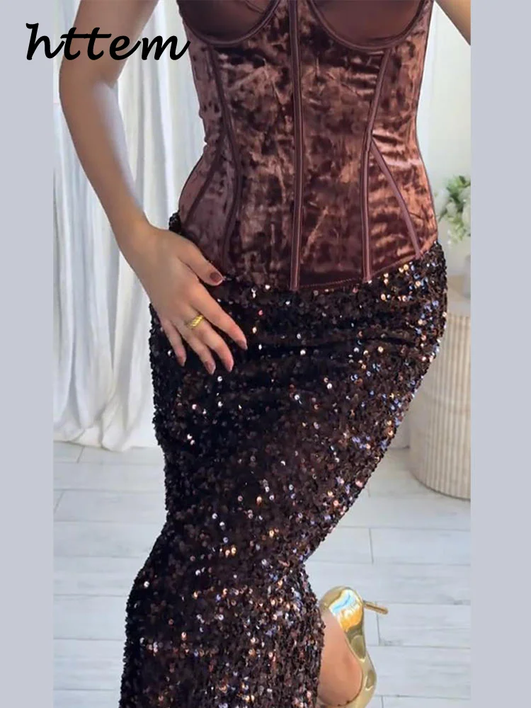 أنيقة الترتر حورية البحر التنانير الطويلة مجموعات النساء حمالة أكمام سليم هيكل السمكة سترة مطوي تنورة 2025 الخريف سيدة بدلة الحفلات