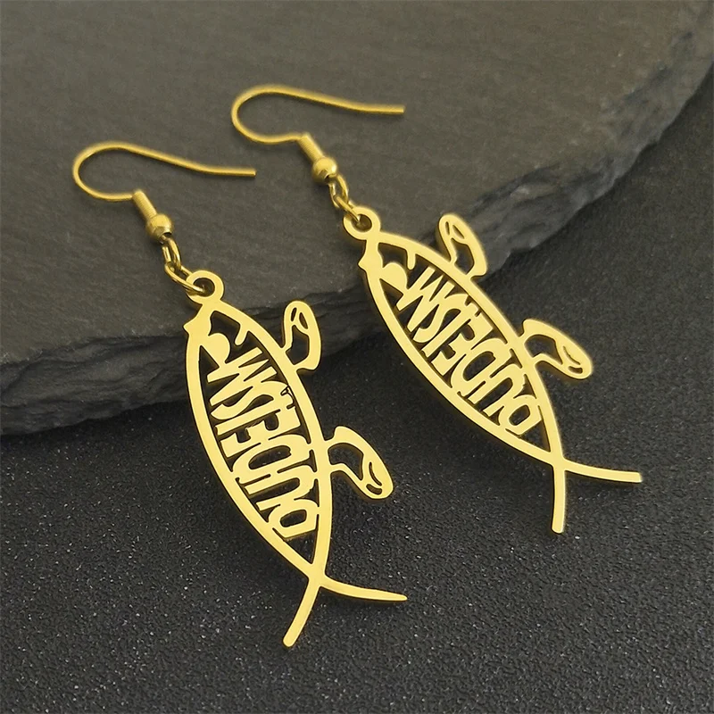 

Vintage Dudeism Fish Shape Hoop Earrings Stainless Steel Gold Color Realism Drop Earring Animal Jewelry Party Gift E8518