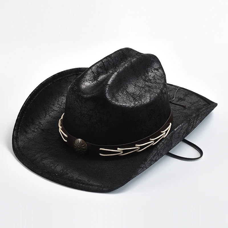 Faux Leather Western Cowboy Hats for Men Vintage Gentleman Dad Fedora Church Cap Panama Cowgirl Jazz Hats Sombrero Hombre